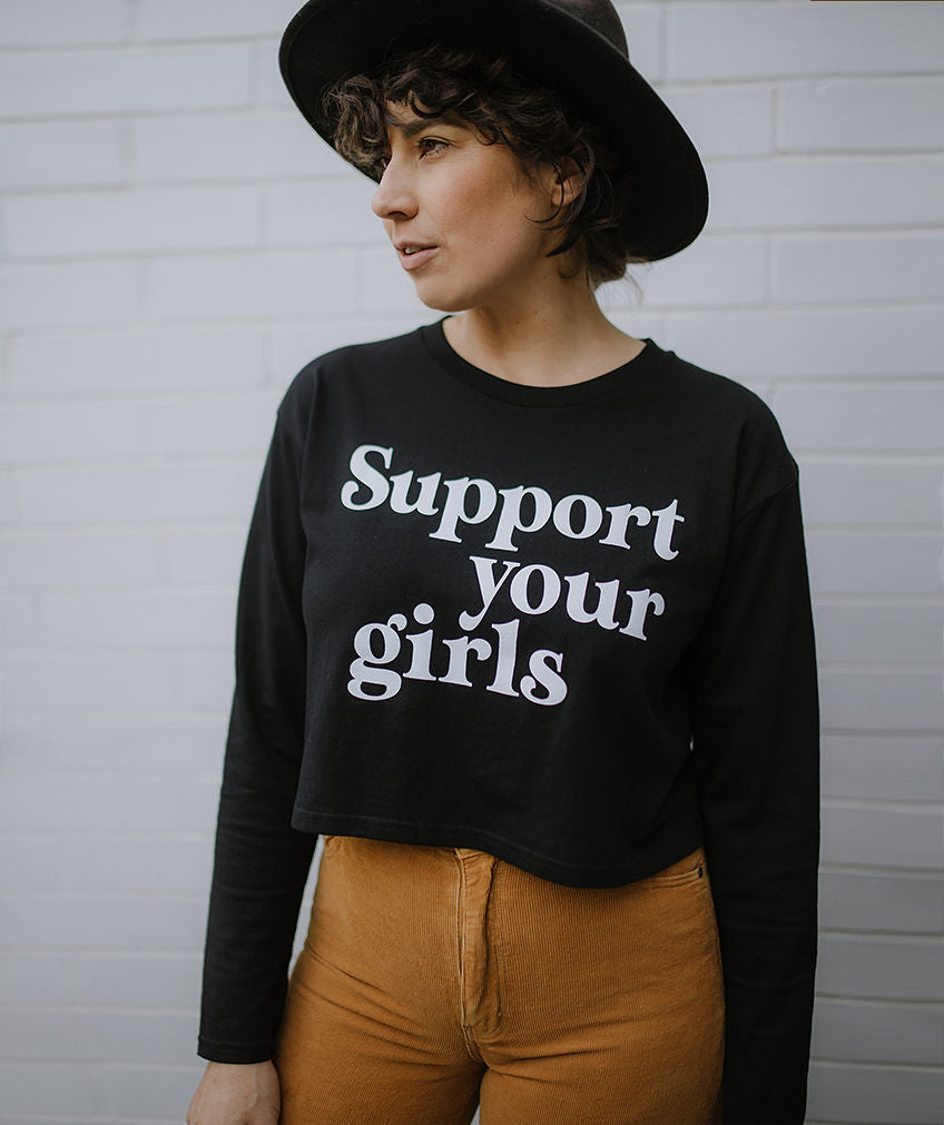 Support Your Girls Long Sleeve Crop- Black/White