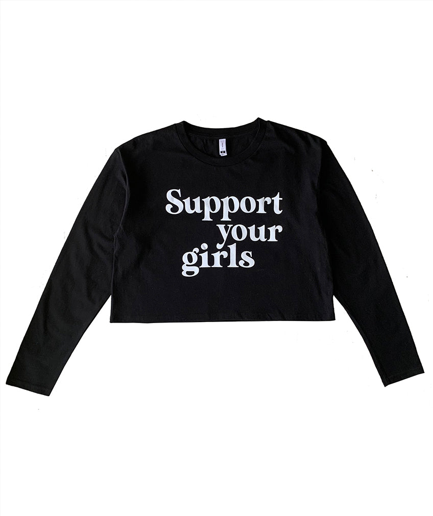 Support Your Girls Long Sleeve Crop- Black/White