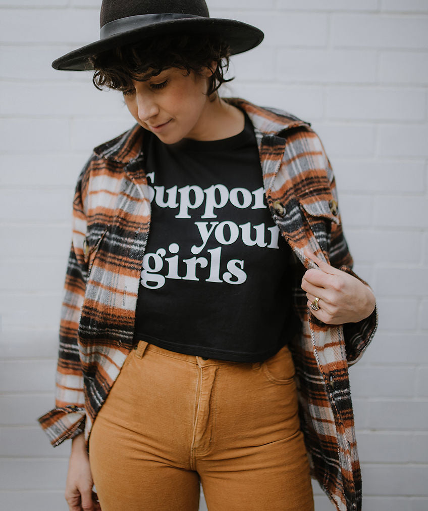 Support Your Girls Long Sleeve Crop- Black/White
